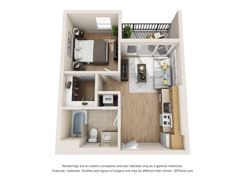 a 1 bedroom floor plan with a bathroom and a balcony